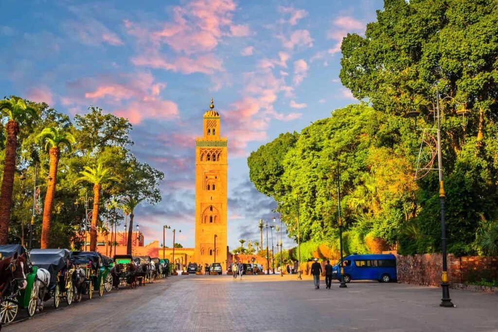 Jemaa el-Fnaa square with market stalls