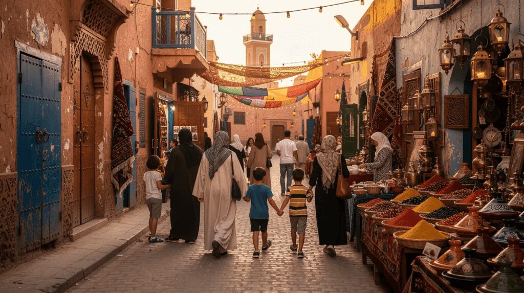 Diversity of Moroccan people in a Marrakech street
