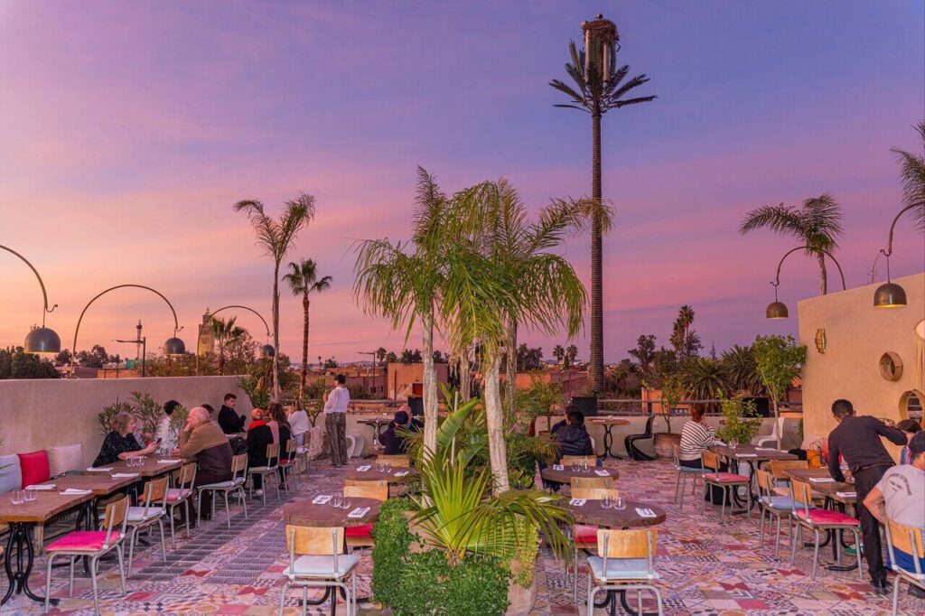 Sunset terrace dining rooftop restaurant Marrakech